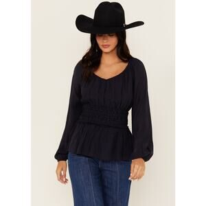 Shyanne Smocked Dobby Pinstripe Puff Sleeve Western Peasant Blouse Large Blue